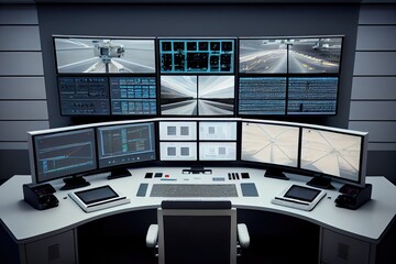 Canvas Print - high-tech monitoring room, with multiple monitors and security cameras, showing different angles of the same scene, created with generative ai