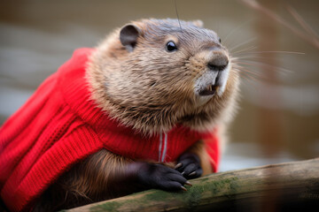 Wall Mural - Beaver in a red sweater. Generative AI.