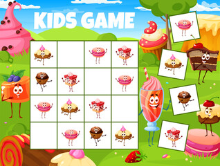Poster - Sudoku kids game, cartoon desserts, sweets and cake characters on meadow, vector quiz puzzle. Donut, macaroon, cheesecake and cupcake with pastry sweets on sudoku riddle find and match worksheet grid