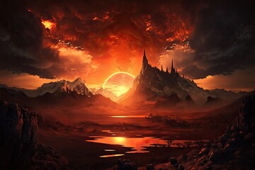 Wall Mural - mordor landscape, with fiery sunset in the background, created with generative ai