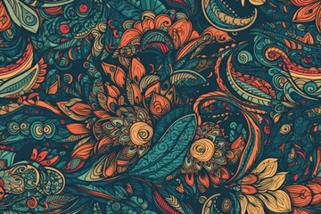 Wall Mural - colorful flowers and birds on a blue background. Generative AI