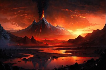 Wall Mural - view of mordor landscape, with the fiery glow of mount doom in the distance, created with generative ai