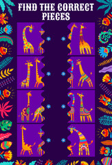 Aufkleber - Find the correct pieces of african giraffes kids game worksheet. Vector match the half of cartoon animals puzzle with funny giraffe separated parts in alebrije style. Kids development quiz riddle