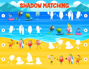 Wall Mural - Shadow matching game, cartoon vitamin characters on summer beach. Kids vector game for children logic activity development with funny D, K, B1, B12 and N, C, H, B5 or B9 and E capsules on seaside