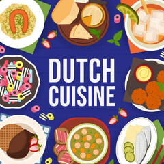 Sticker - Dutch cuisine menu cover for restaurant dishes meals dishes and meals of Netherlands, vector. Dutch cuisine gourmet cheese plate, bitterballen meatballs with stamppot rookworst sausage and stroopwafel