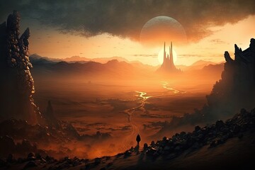 Wall Mural - misty sunrise over the desolate plains of mordor, created with generative ai