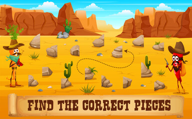 Aufkleber - Western kids game find the correct piece of stones in wild west desert. Match the half cartoon vector worksheet with funny cowboys carrot and chilli pepper in arizona canyon with separated rocks