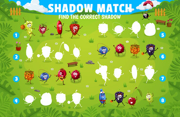 Poster - Shadow match game worksheet. Cartoon berry characters on summer party. Kids playing activity, silhouette compare vector quiz or game with funny blackberry, grape and raspberry, cowberry, cherry