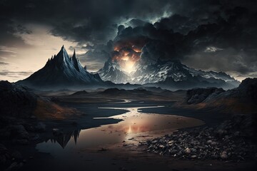 Sticker - mordor landscape with mountain range and foreboding sky, created with generative ai