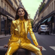 The model girl on the street in a yellow suit, fashion generative ai