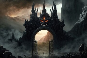 Sticker - close-up of the black gate of mordor, with its menacing stone doors and many towers visible, created with generative ai