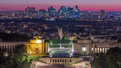 Sticker - Aerial view over Trocadero day to night transition timelapse with the Palais de Chaillot seen from the Eiffel Tower in Paris, France. Top view from observation deck with modern skyscrapers and towers