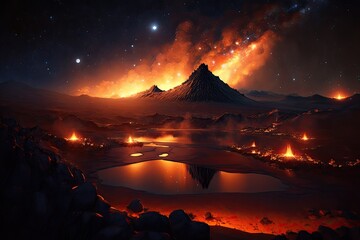 Canvas Print - nighttime view of mordor landscape, with stars shining above and the glow of fires in the distance, created with generative ai