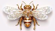 Generative AI, beautiful honey bee brooch, opal stone and golden color palette isolated on white background. Bijouterie, jewelry close up