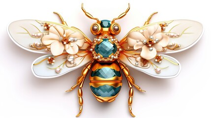 Generative AI, beautiful honey bee brooch, opal stone and golden color palette isolated on white background. Bijouterie, jewelry close up