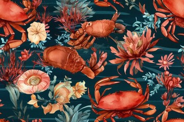 Poster - crabs and flowers in a watercolor painting. Generative AI