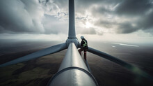 A Fictional Person. Skilled Worker Servicing Wind Turbine In The Vast Landscape