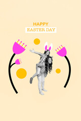 Sticker - Vertical photo collage young pretty mommy hold carry piggyback her cute daughter spend Easter holidays weekend together