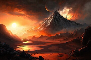 Poster - mordor landscape, with fiery sunrise in the background, created with generative ai