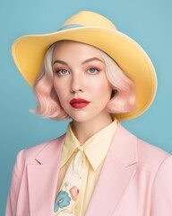 Sticker - An ID portrait of a young, elegant, beautiful woman who dresses like a lady with a hat. Retro styling, modern fashion in pastel colors. Generative AI.