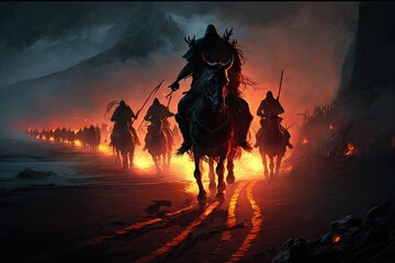 Canvas Print - orc raiding party riding through mordor, burning and pillaging as they go, created with generative ai