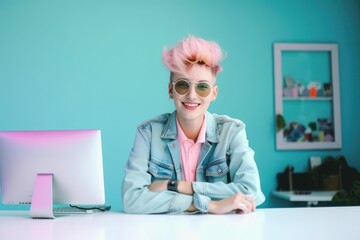 Young, beautiful, hardworking smiling girl at her workplace, working hard in the office at her laptop. Pleasant working atmosphere. Generative AI.