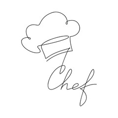 Hand drawn lettering Chef hat vector one line continuous drawing. Outline illustration. Hand drawn linear silhouette. Minimal design element for print, banner, card, brochure, poster, menu, logo.