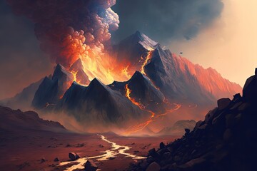 Wall Mural - view of fiery mountain range, with smoke rising from the burning rocks, created with generative ai