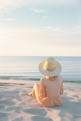 Canvas Print - A young beautiful girl is sitting on the hot sand and looking at the sunrise, a wonderful summer romantic scene. It's time to relax on the beach. Generative AI.