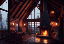Interior Of House With Firepit Raining Outside Generative AI