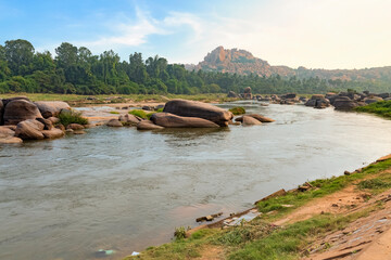 Tungabhadra river with scenic mountain landscape at Hampi Karnataka, India