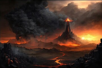 Sticker - mordor landscape, with fiery sky and dark smoke columns in the background, created with generative ai