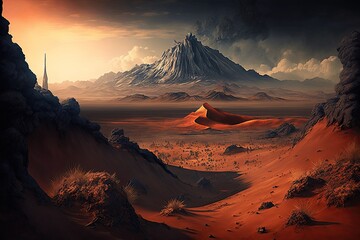 Canvas Print - mordor land of rolling dunes, with distant view of the fiery mount doom, created with generative ai