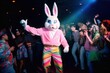 Young beautiful cheerful people enjoy on crazy Easter holiday party, man in hipster trendy costume of rabbit. Teenagers who are having fun and dance with loud music. Generative AI.