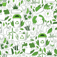 Wall Mural - environment seamless pattern with sketched doodles of zero waste, sustainability, recycling. Wallpaper, textile print, package, wrapping paper design. EPS 10