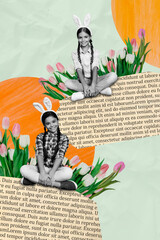 Wall Mural - Vertical artwork collage of two pretty teen sisters Easter time wear cute bunny ears surrounded flowers creative drawing background