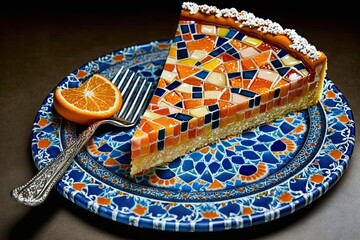 Sticker - pieces of mosaic cake with bright citrus filling on round tray, created with generative ai