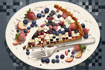 Sticker - sweet dessert in form of mosaic cake with cream and berries on plate, created with generative ai