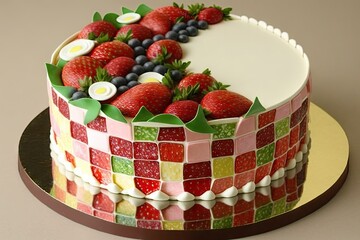 Wall Mural - birthday treat delicious cake with strawberries and cream mosaic cake, created with generative ai