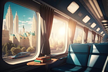 Canvas Print - luxury train, with view of bustling city, on a sunny day, created with generative ai