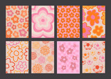 Fototapeta Boho - Cool Groovy Flowers Pattern Posters Collection. Set of Y2K Textures. Trendy Abstract Backgrounds. Funky Blossom Backdrops Vector Design.