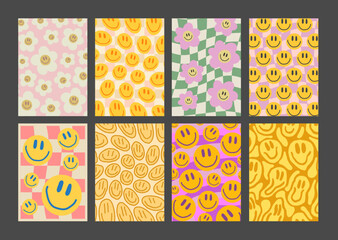Aufkleber - Set Of Trendy Groove Smile Patterns. Collection Of Cool Funky Y2K Posters. Retro Vintage Pop Art Backgrounds.