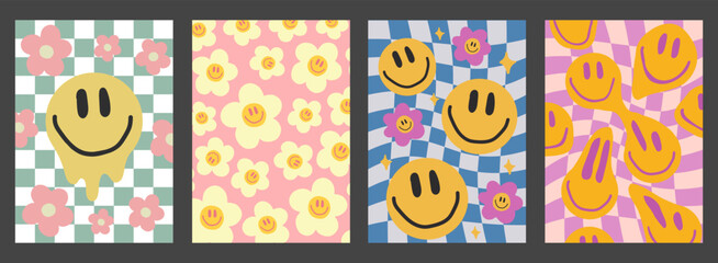 Aufkleber - Set Of Trendy Groove Smile Patterns. Collection Of Cool Funky Y2K Posters. Retro Vintage Pop Art Backgrounds.