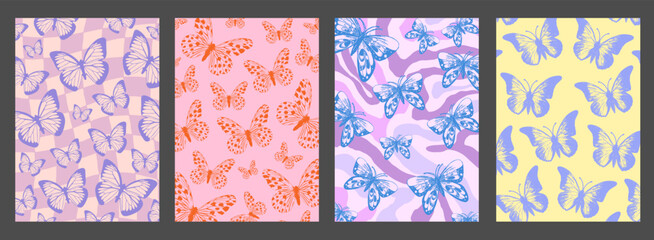 Aufkleber - Cool Groovy Butterfly Pattern Posters Collection. Set of Y2K Wavy Textures. Trendy Abstract Geometric 90s Backgrounds. Funky Retro Vintage Backdrops.