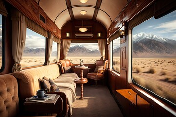 Wall Mural - luxury train, with view of majestic mountain range, on journey through the wilderness, created with generative ai