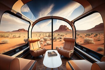 Wall Mural - luxury train, with sleek and modern design elements, speeds past scenic vistas, created with generative ai