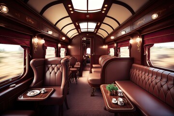 Poster - luxury train with leather seats and elegant details, transporting travelers from past to future, created with generative ai