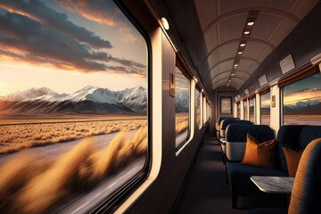 Wall Mural - luxury train, with view of snowy mountain range, during sunset, created with generative ai