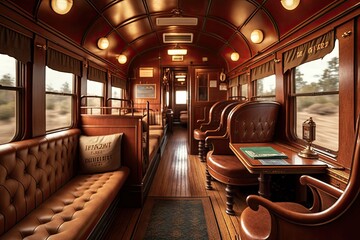 Poster - retro-style train, with leather seats, mahogany accents, and vintage luggage racks, created with generative ai