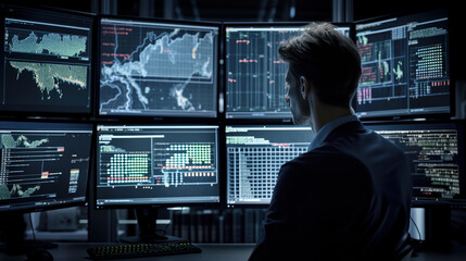 data analyst looking at wall covered with computer screens, generative ai illustration